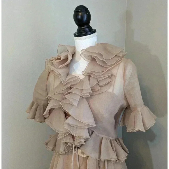 Vintage Lillie Rubin Light Brown Tan Mesh Ruffle Dress Coquette Romantic Twee - Picture 6 of 16